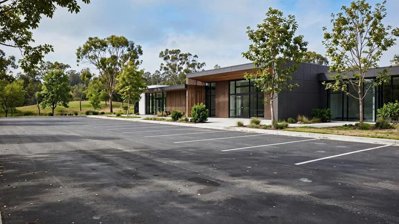 Photorealistic image of an empty parking lot beside a modern community recreation centre