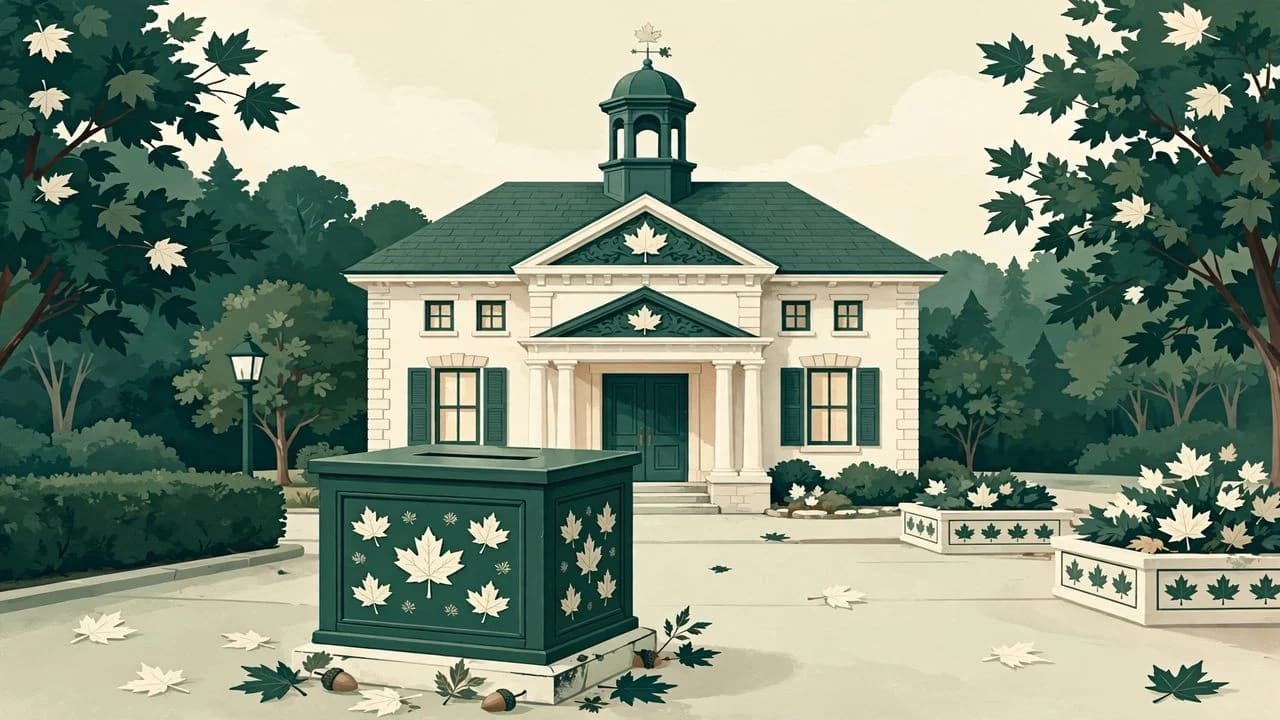 AI-generated illustration of a ballot box in front of a town hall