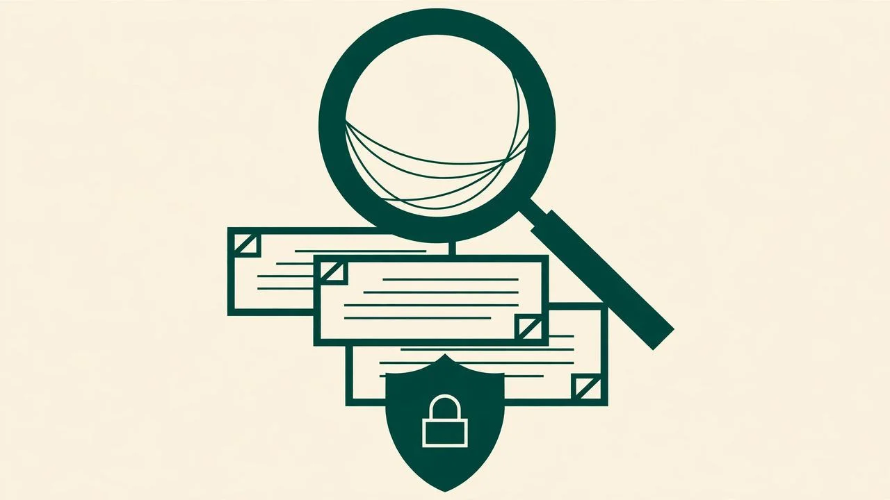 Abstract illustration of a magnifying glass over documents with a shield and padlock, in deep green and cream.