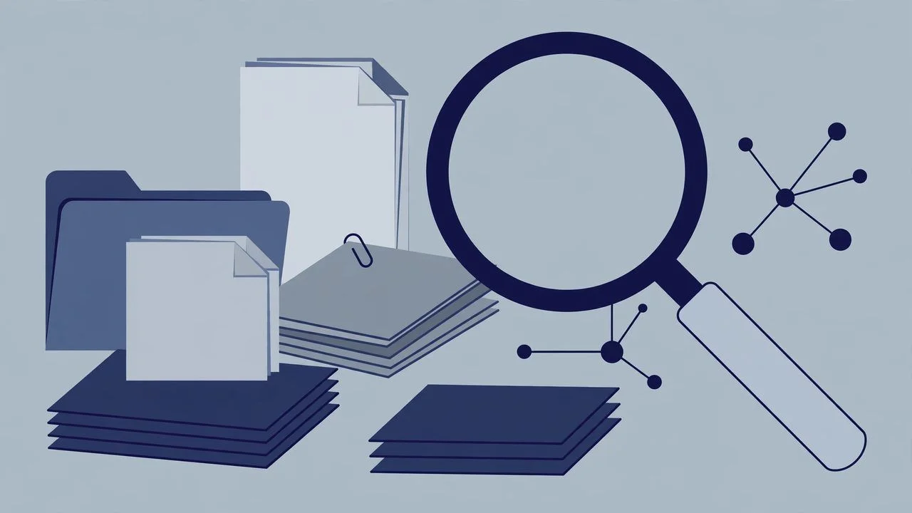 Abstract navy and grey illustration of documents, folders and a magnifying glass
