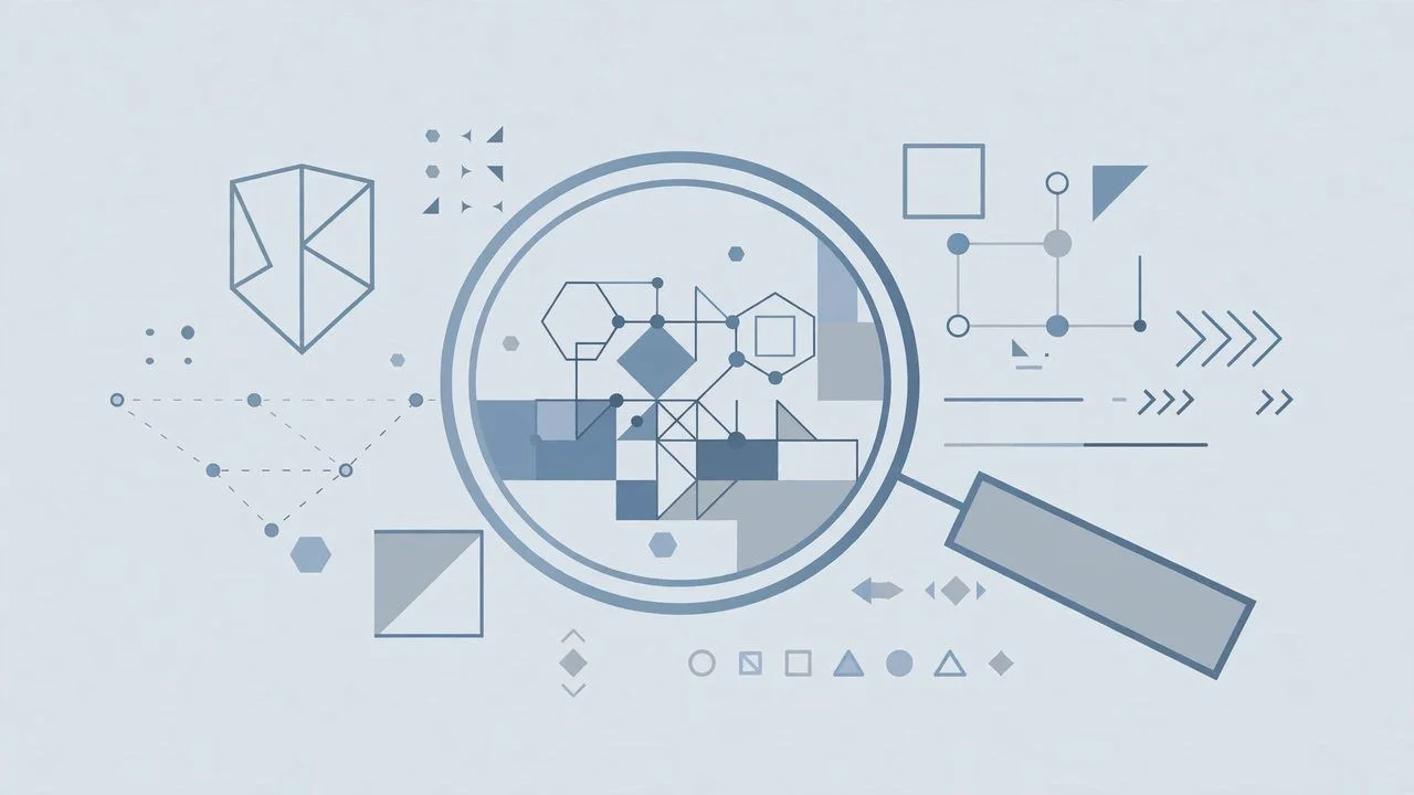 Abstract blue and grey geometric illustration with a magnifying glass motif