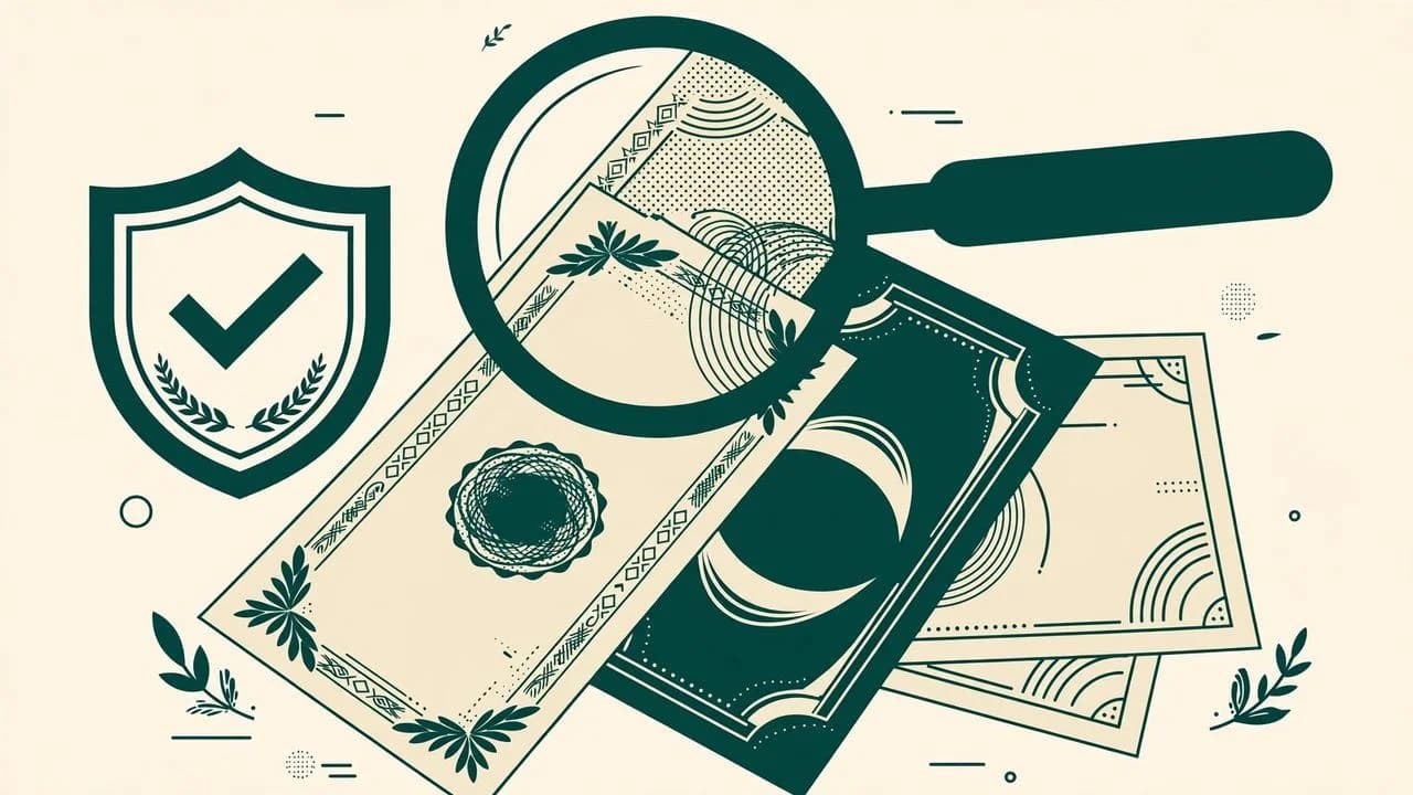Abstract illustration of a shield with a checkmark and banknotes under a magnifying glass, in deep green and cream.